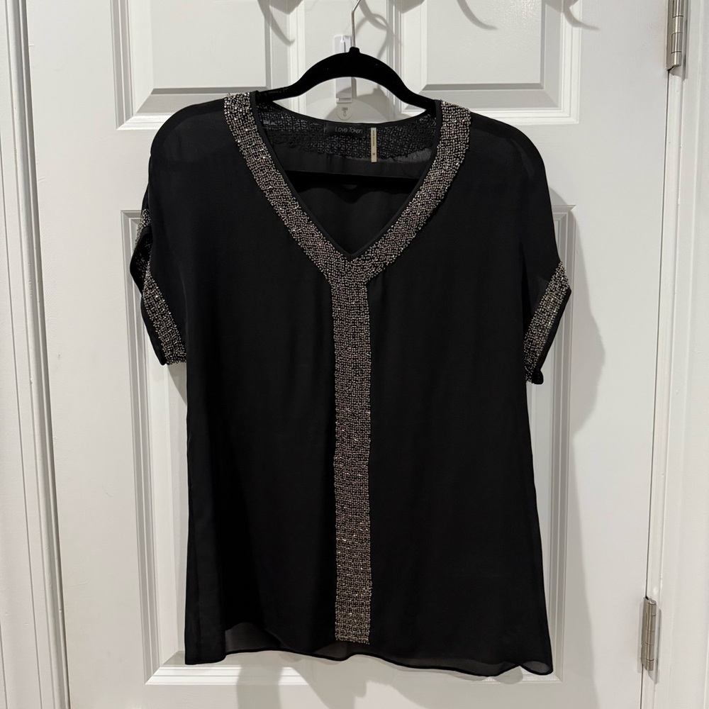Love Token Black Embellished V-Neck Blouse